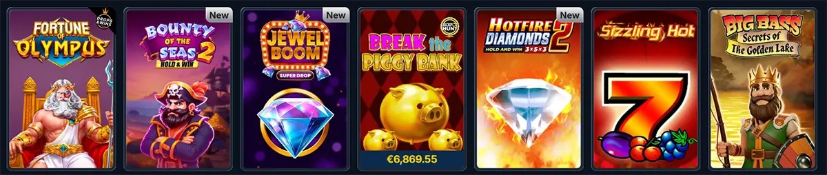 Casino lobby row of slot game tiles, including Fortune of Olympus, Bounty of the Seas 2 Hold & Win, Jewel Boom (new), Break the Piggy Bank, Hotfire Diamonds 2 (new), Sizzling Hot, and Big Bass Secrets of the Golden Lake.