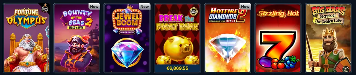 Casino lobby row of slot game tiles, including Fortune of Olympus, Bounty of the Seas 2 Hold & Win, Jewel Boom (new), Break the Piggy Bank, Hotfire Diamonds 2 (new), Sizzling Hot, and Big Bass Secrets of the Golden Lake.