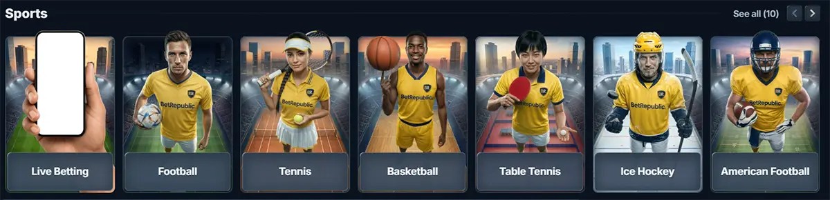 Sports section carousel on a betting site showing category tiles for Live Betting, Football, Tennis, Basketball, Table Tennis, Ice Hockey, and American Football, each with an athlete in a yellow BetRepublic jersey, plus a “See all (10)” link.