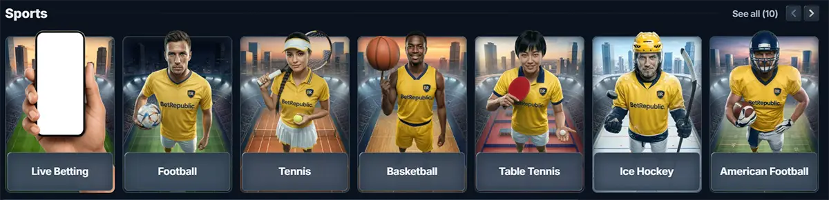 Sports section carousel on a betting site showing category tiles for Live Betting, Football, Tennis, Basketball, Table Tennis, Ice Hockey, and American Football, each with an athlete in a yellow BetRepublic jersey, plus a “See all (10)” link.